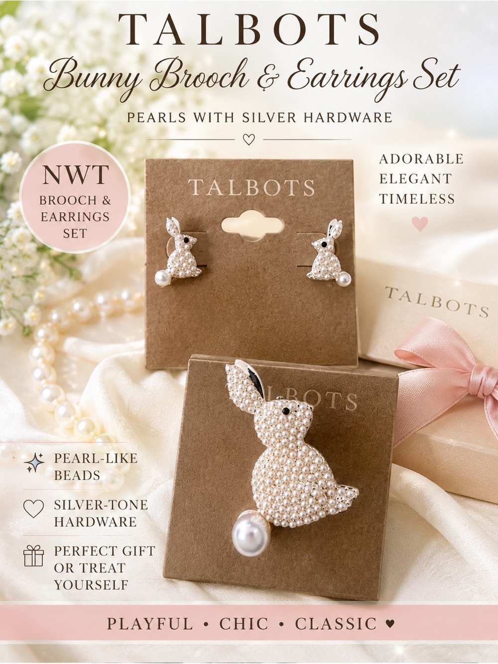Talbots Brooch & Earring Set Pearls with Silver Hardware | NWT